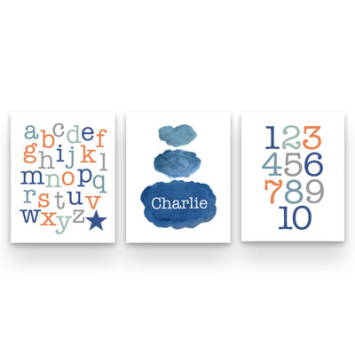 Navy Clouds with Alphabet and Numbers, 3-Piece Paper Prints