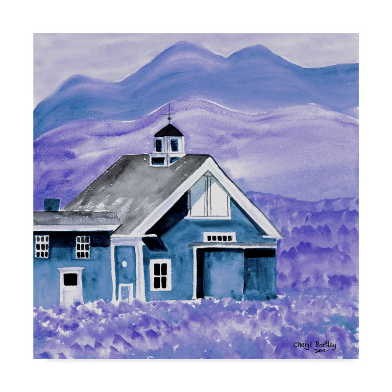 « blue folk art grange », reproduction de peinture à l’acrylique sur toile tendue, H 18 po x l 18 po x P 2 po