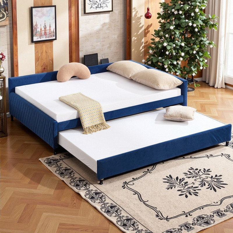 Twin Size Bed Frame, Upholstered Daybed with Trundle Velvet and MDF, Navy