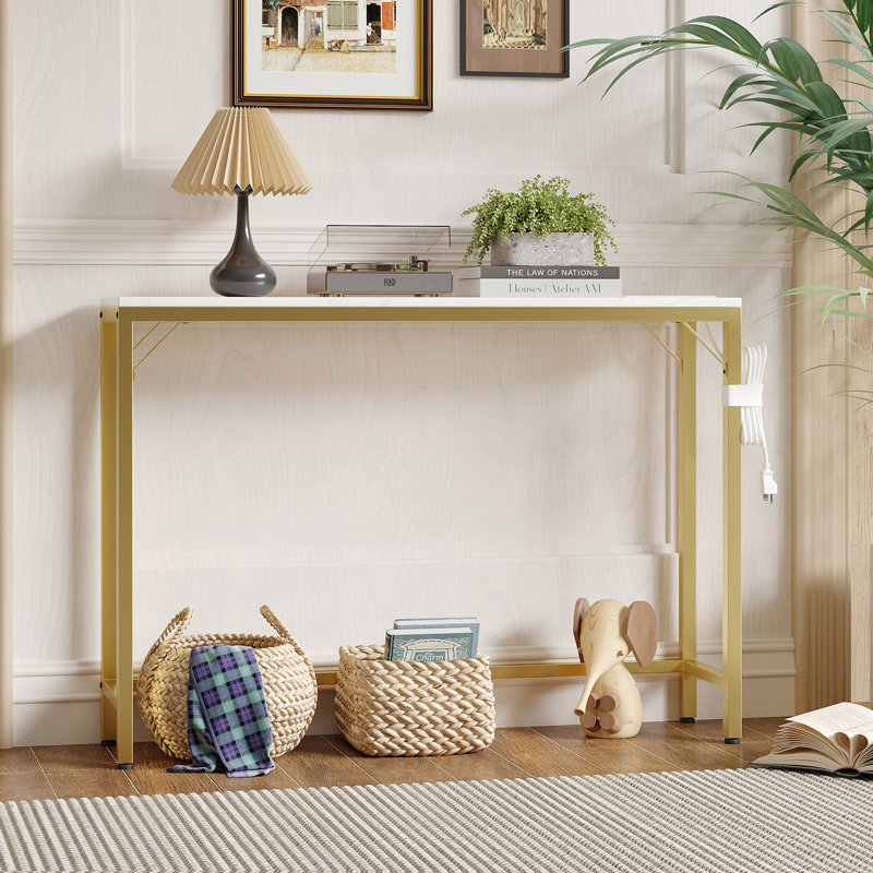 Console moderne étroite de 39,4 po avec station de charge intégrée et pieds en métal - table d'appoint mince pour le vestibule, le couloir ou le canapé derrière - capacité de 110 lb, facile à assembler, blanc
