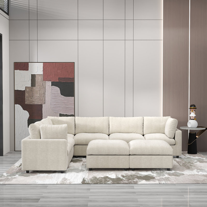 Kessi 8-Piece Upholstered Modern Chenille Fabric Modular Sectional Sofa With Ottoman, Beige Chenille