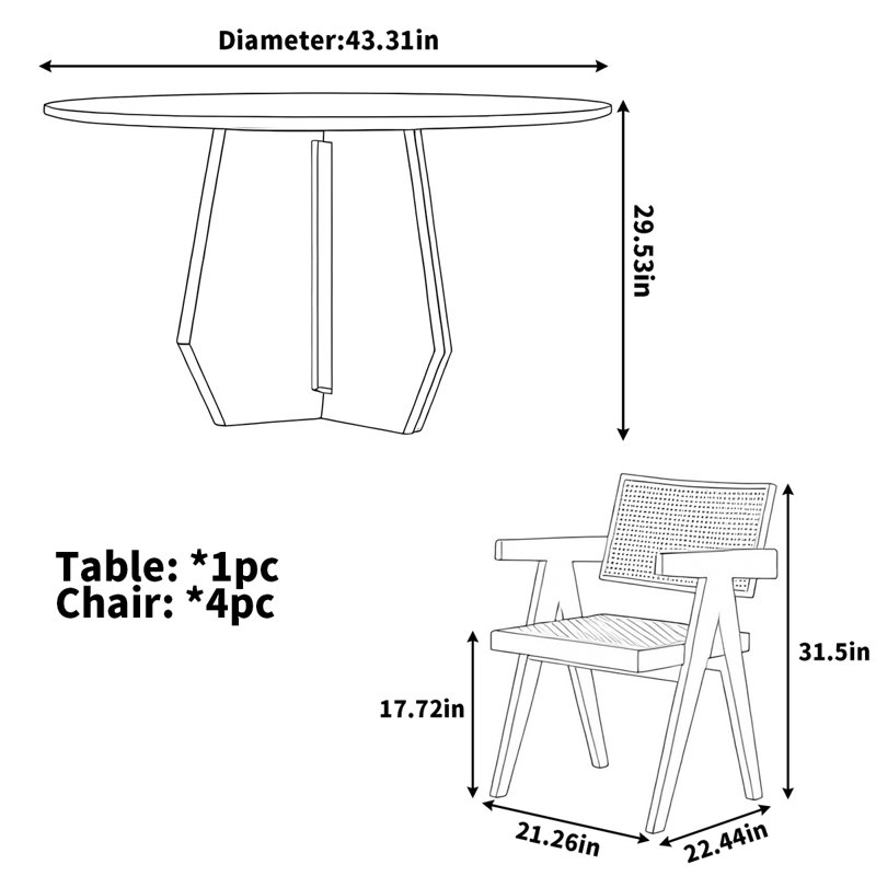 Table de salle à manger ronde en bois de frêne noir, H 29,53 po x L 43,31 po x l 43,31 po