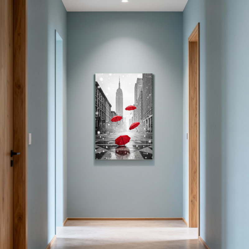 Scenic & Cityscapes, parapluies rouges flottant dans un paysage urbain enneigé, H 40 po x l 28 po