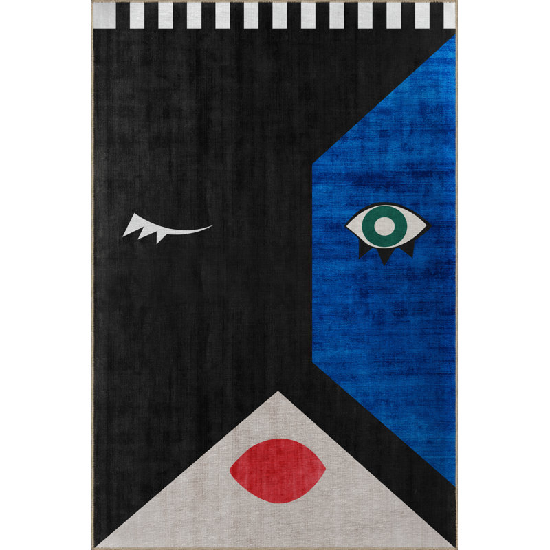 Tapis en polypropylène à imprimé numérique noir Kaite, Rectangle 4 pi 4 po x 6 pi 3 po
