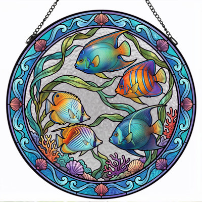 Tropical Fish Stained Glass Window Panel，7.8H