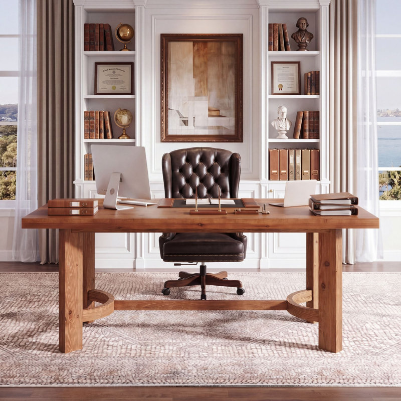 Bureau en bois massif de 63 po de long avec plateau de table épaissi de 1,97 po, bureau d'ordinateur de ferme pour le bureau à domicile, le salon, la pièce robuste, la salle de conférence