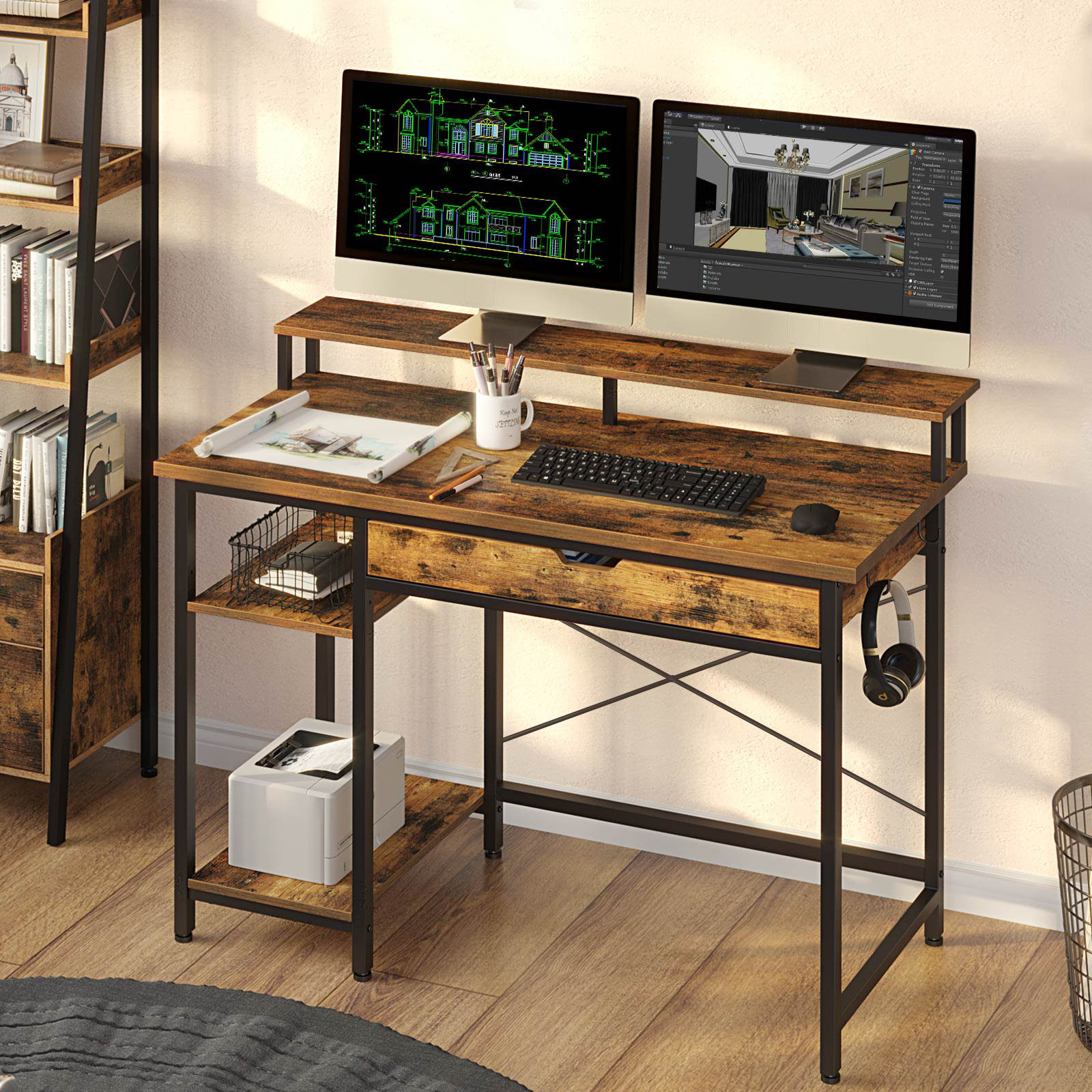 Rolanstar Computer Desk with Power Outlet, Side Storage Bag and Iron H