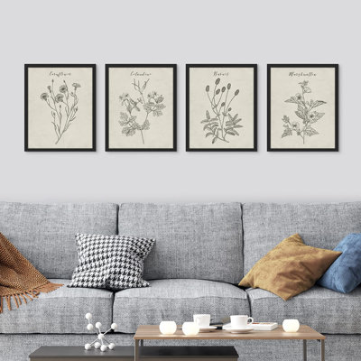 Reproduction encadrée vintage de 4 fleurs sauvages