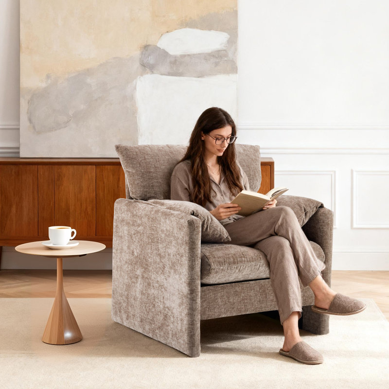 Chenille Oversized Armchair, 34'' Wide Pillows-Top Armrests Accent Chair For Bedroom, Living Room, Upholstered Lounge Chair Sofa Couch, Comfy Modern Reading Chair, Single Sofa Chair, Brown