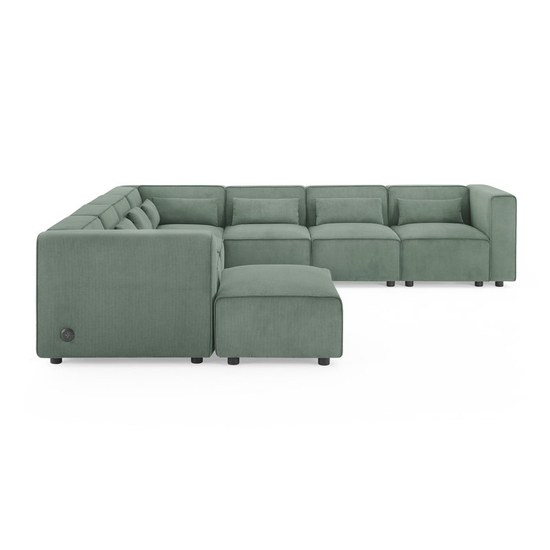 Quinterrious MINIMORE Modern Style 120" Wide Modular Corner Sectional with Ottoman and USB, Green Corduroy
