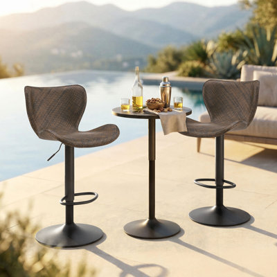 Set of 2 Outdoor Bar Stools with Backrest, All-Weather Teslin Adjustable Height Swivel Counter Chairs, Matte Black Base, Waterproof Cover Included for Patio, Poolside & Garden