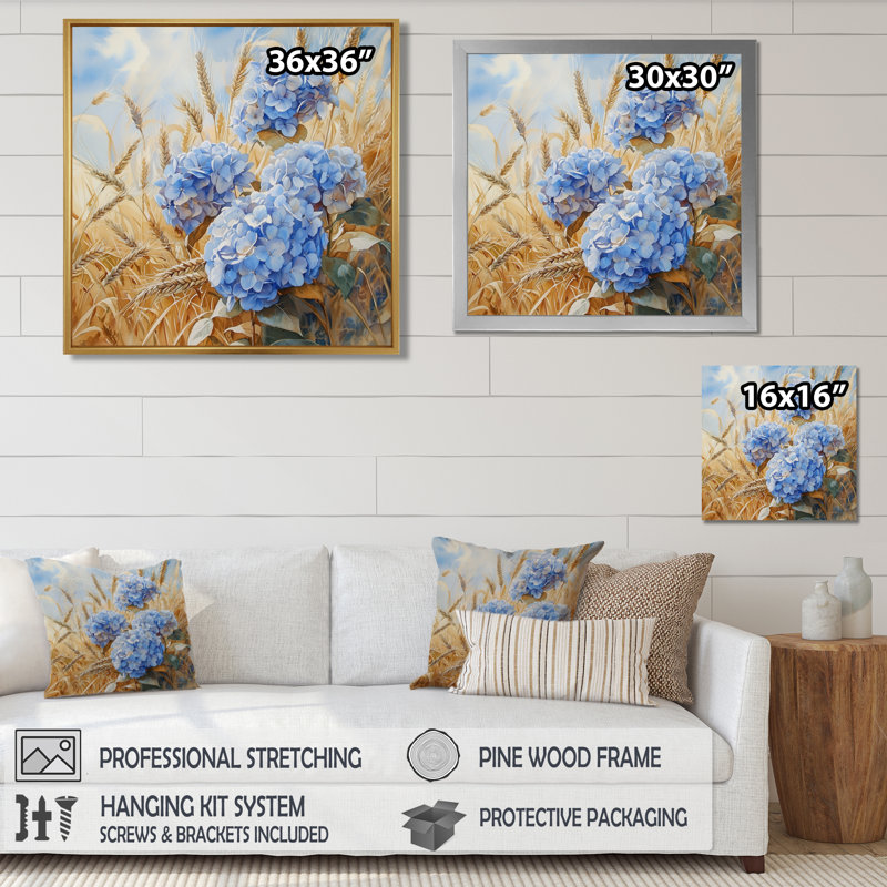 Paysage d'hortensias dans le champ de blé I - hydrangées, art mural, H 16 po x l 16 po, Impression encadrée flottante