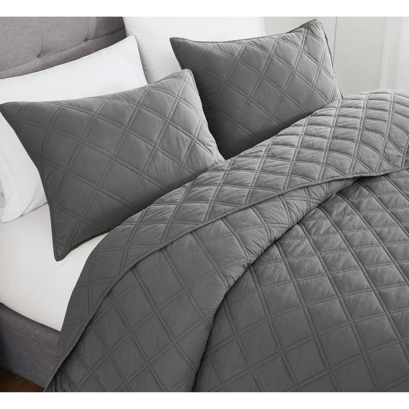 Brooklyn Loom Diamond Washed Cotton Quilt Set, Gray, Twin Extra Long Quilt  + 1 Sham