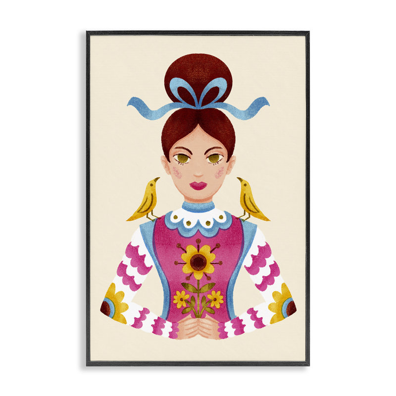 Giclée brune, fille avec oiseaux, design par Hannah Moren, H 30 po x l 20 po, Giclée encadrée noir minuit