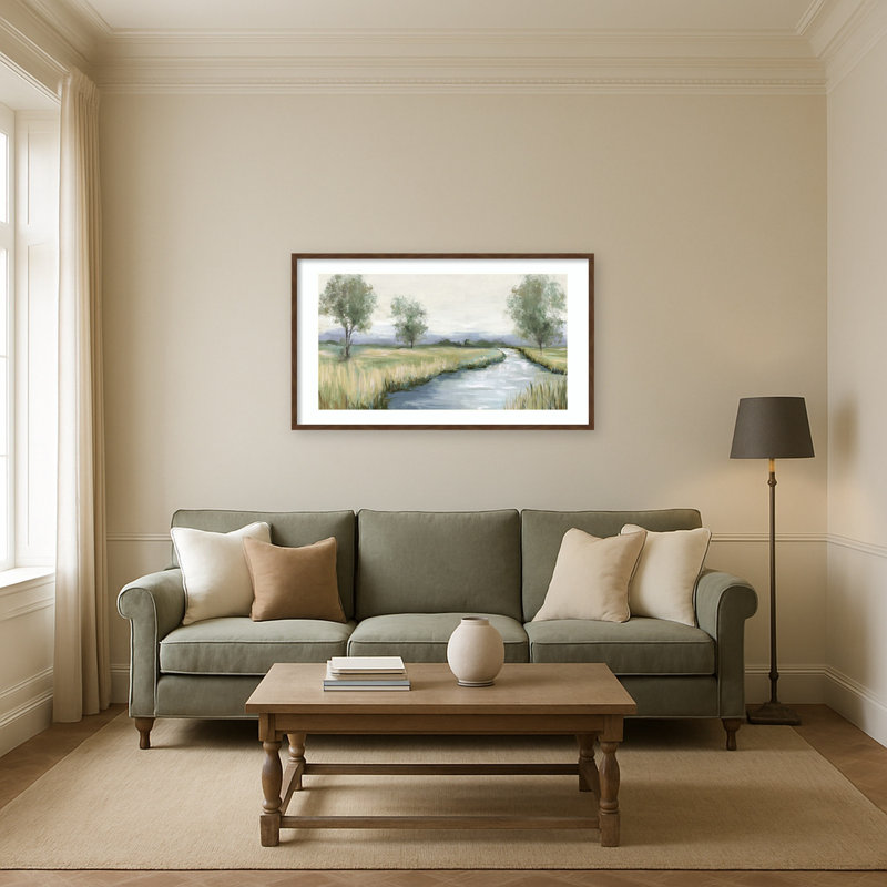 «Tranquil Stream in Lush Meadow» par Adelbert Wood, reproduction d'art encadrée, 41x24, Carlisle brun étroit