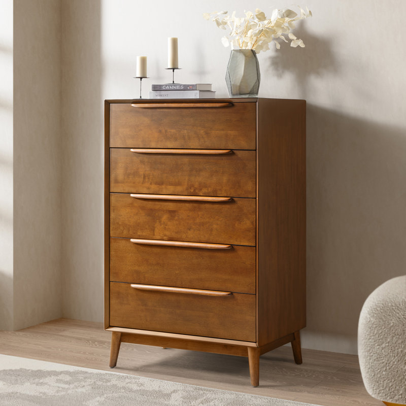 Aviannah Mid-Century Modern 5 - Drawer Dresser with Solid Wood Legs and Divided Drawer, Acorn