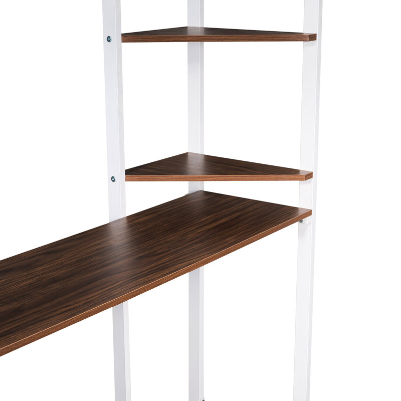 Lit mezzanine double en métal blanc avec bureau et 2 tablettes, Blanc / Brun