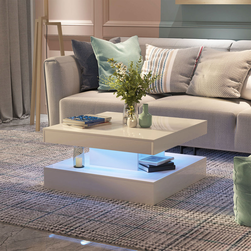 Table basse DEL avec rangement Moderne avec lumières DEL réglables, Blanc lustré, H 15,7 po x L 30,7 po x l 30,7 po