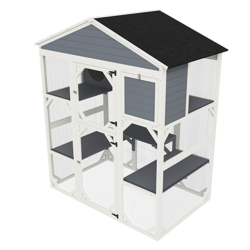 Maison pour chat de luxe en bois gris avec 2 aires de sieste, 3 plateformes, une utilisation durable et des espaces sécurisés, coffre-fort