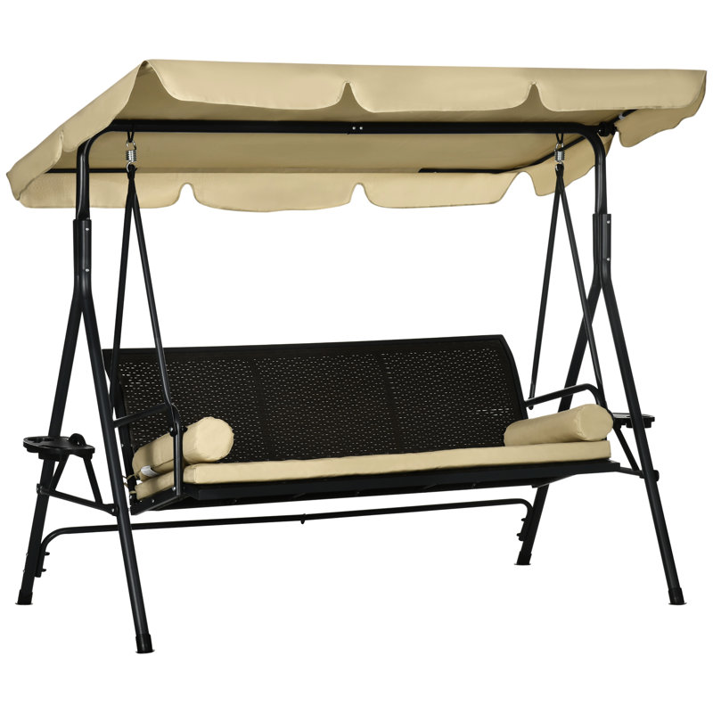 Balançoire d'extérieur à 3 places avec auvent, coussin amovible et parasol réglable pour le porche, le jardin, le bord de la piscine, la cour arrière, poids de 704 lb, siège de 52 po, angle de 45 auvent, porte-gobelets, plateaux, structure en acier,