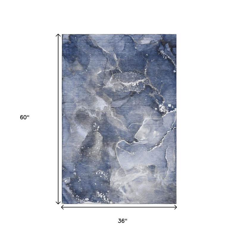 3' X 5' Navy Blue And Ivory Abstract Washable Area Rug With UV Protection