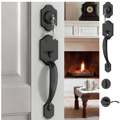 Black Front Door Handle And Deadbolt Set Single Cylinder, Adjustable Entry Door Lock Set Reversible For Right/Left Hand Doors