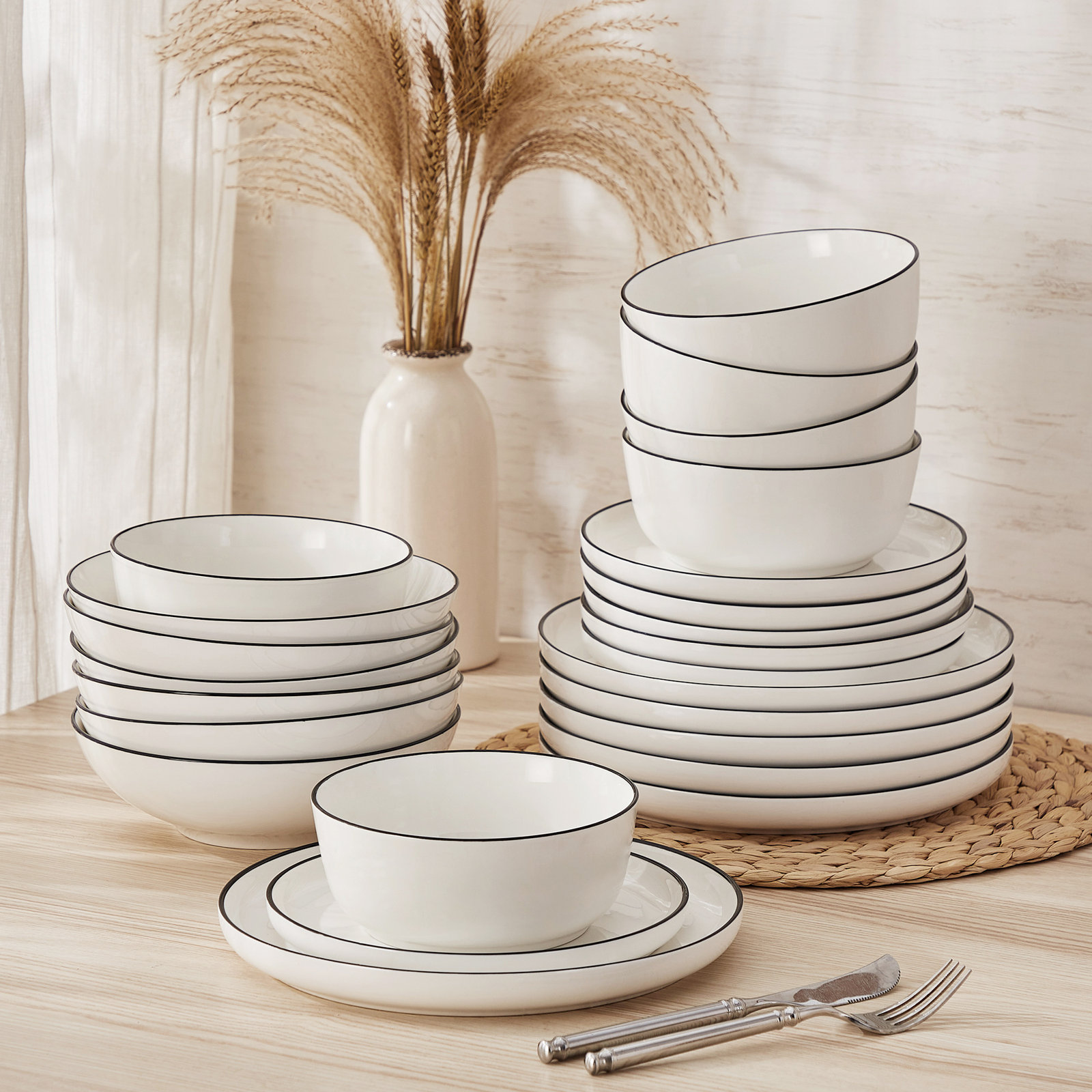 Ceramic Dinnerware Set, White/Black