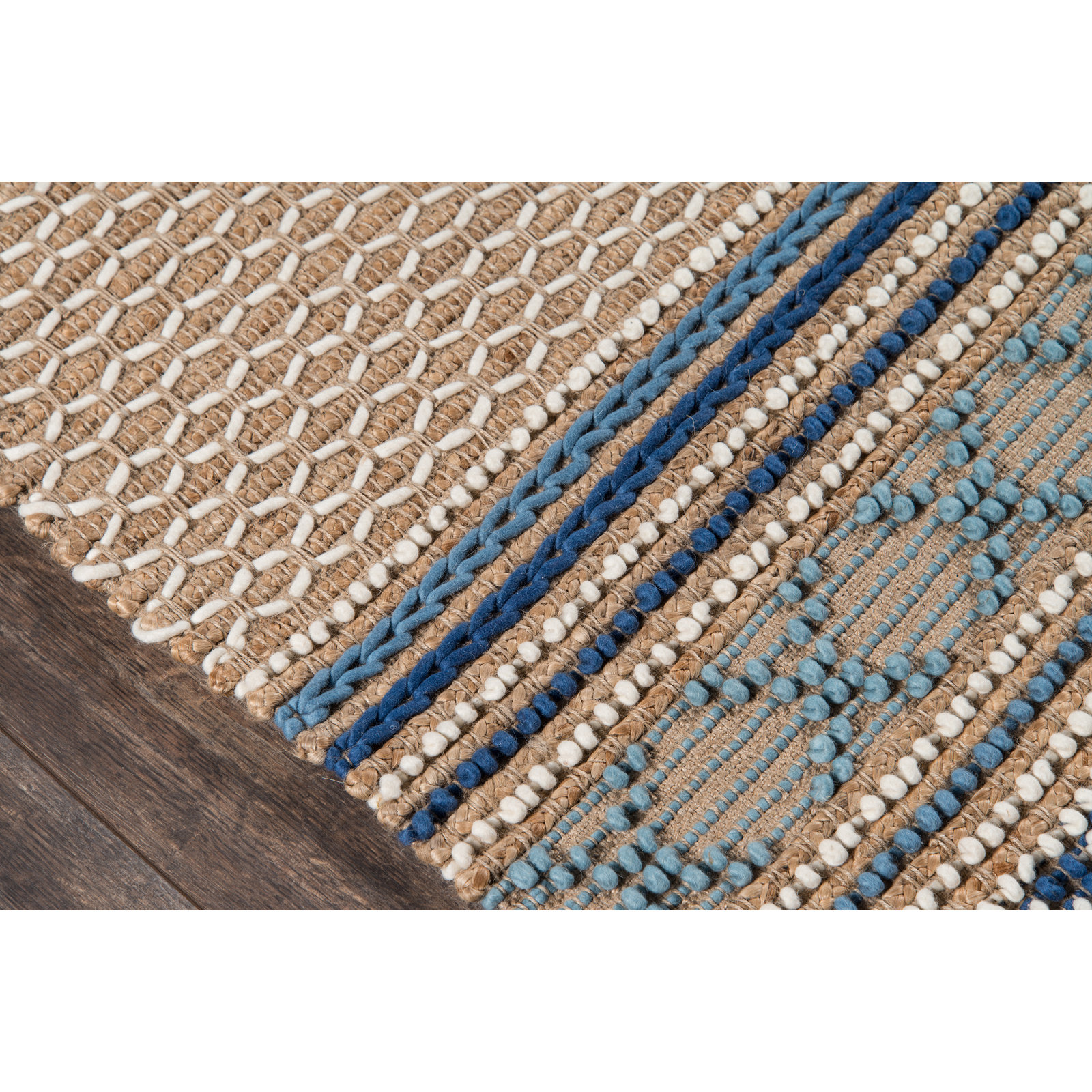 Alberta Beige Blue Hand-Woven Geometric Jute Rug, Runner 2'3" x 7'6"