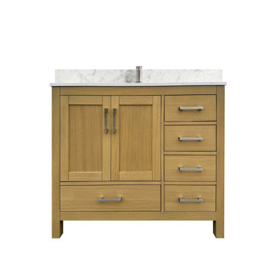 Bathroom Vanity with Carrara Countertops and Soft-Closing Mechanisms