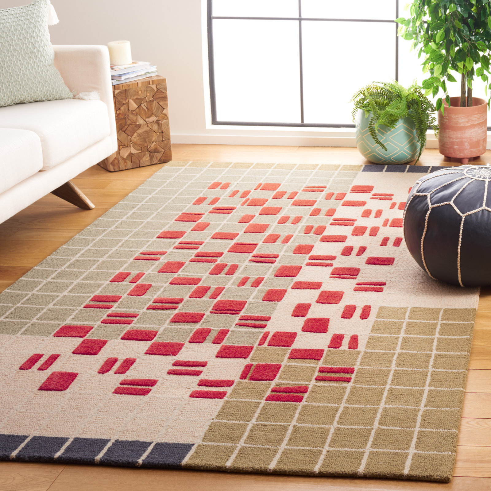 Elswick Gray Red Hand-Tufted Geometric Wool Rug, Rectangle 8' x 10'