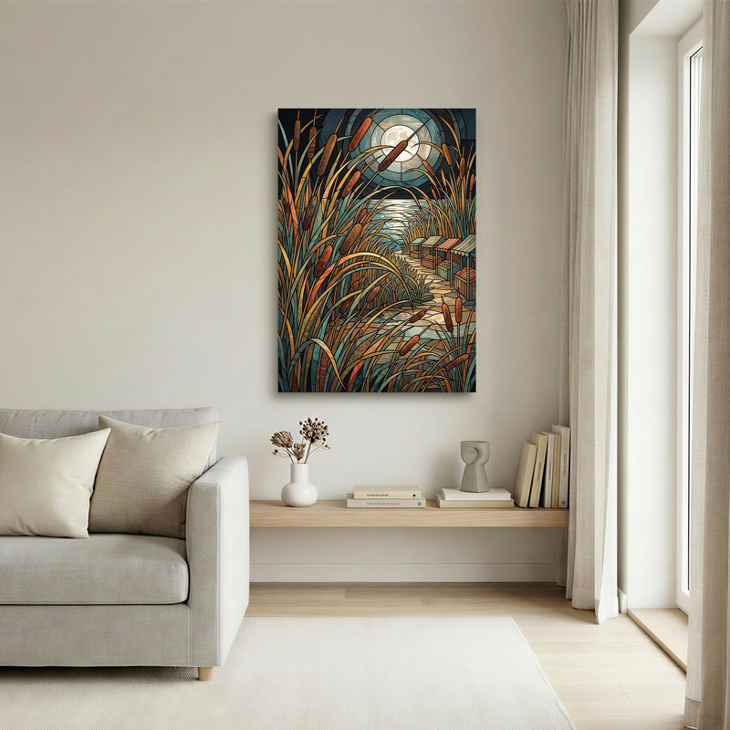 Art mural sur toile Statted Glass Cattails and Moonlit Water Path, H 36 po x l 24 po