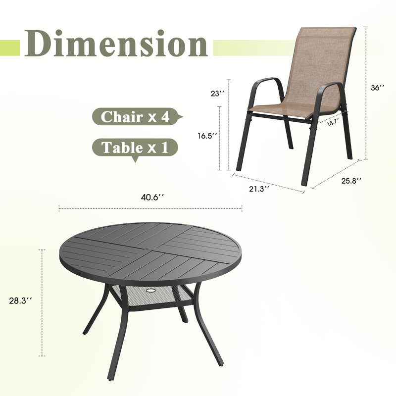 Ensemble de salle à manger de patio 4 personnes avec chaises empilables Textilene, Noir / brun