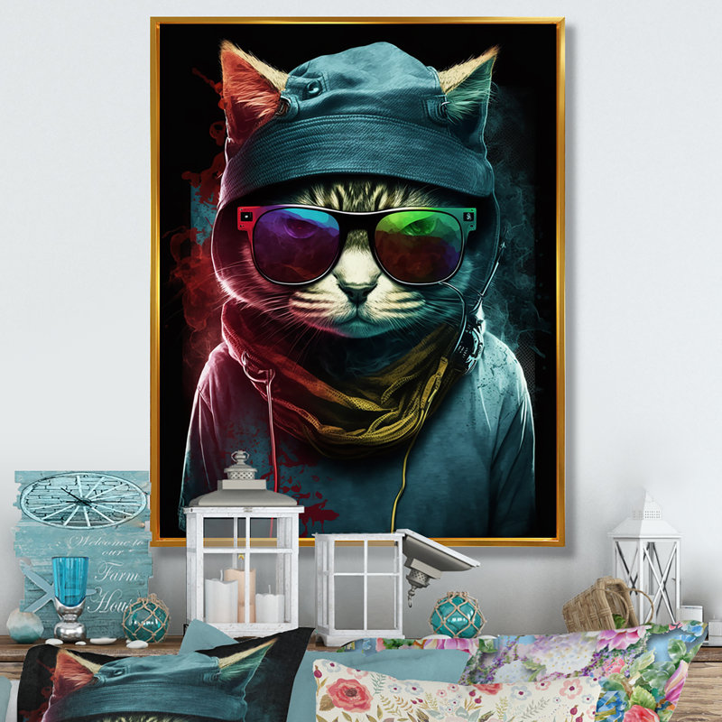 Art mural sur toile, "Bohemian Cat With Sun lunettes IV", H 40 po x l 30 po x P 1,5 po, Toile avec cadre flottant or