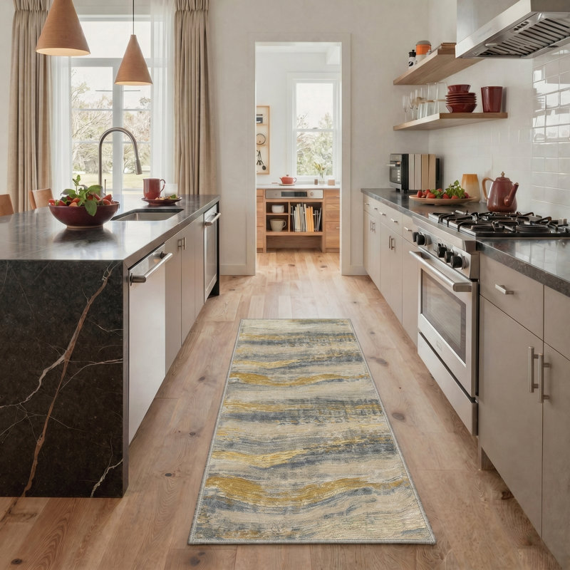 Abstract Waves Machine Washable Gilded Slate Indoor Area Rug With Non-Slip Backing, Runner 2' x 6', Gold/Blue/Beige