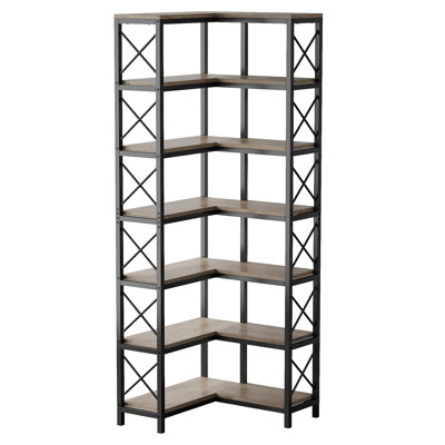 Grande bibliothèque d'angle à 7 niveaux 79,53 ", bibliothèque de rangement en bois et métal gris pour le bureau à domicile