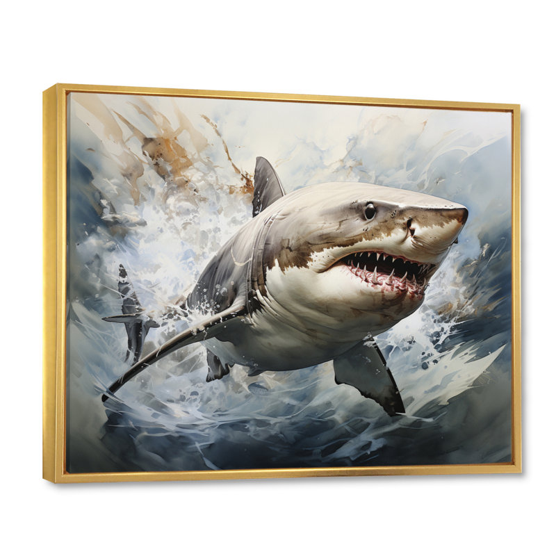 " Gray Shark Silent Hunter I ", Gold Floater Framed, 30" H x 40" W x 1.5" D