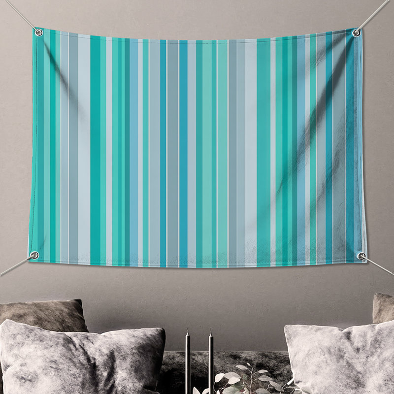 Tapisserie murale rayures bleues, H 104 po x 88 avec 4 œillets