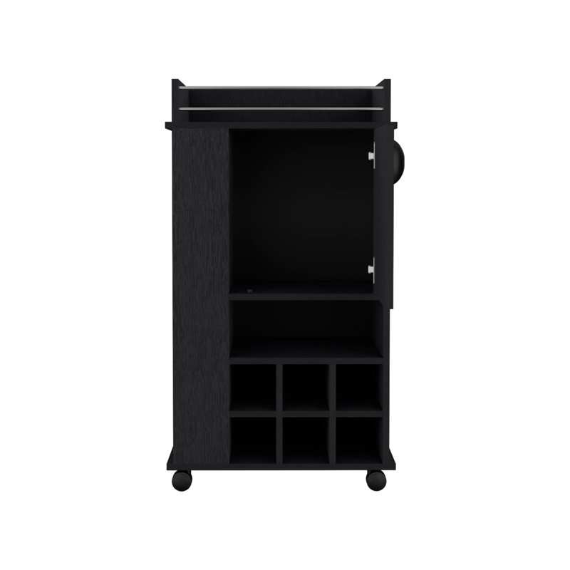 Bar Cart with 6 Built-in Wine Racks, Single-Door Cabinet, and 2 Open Shelves, Black