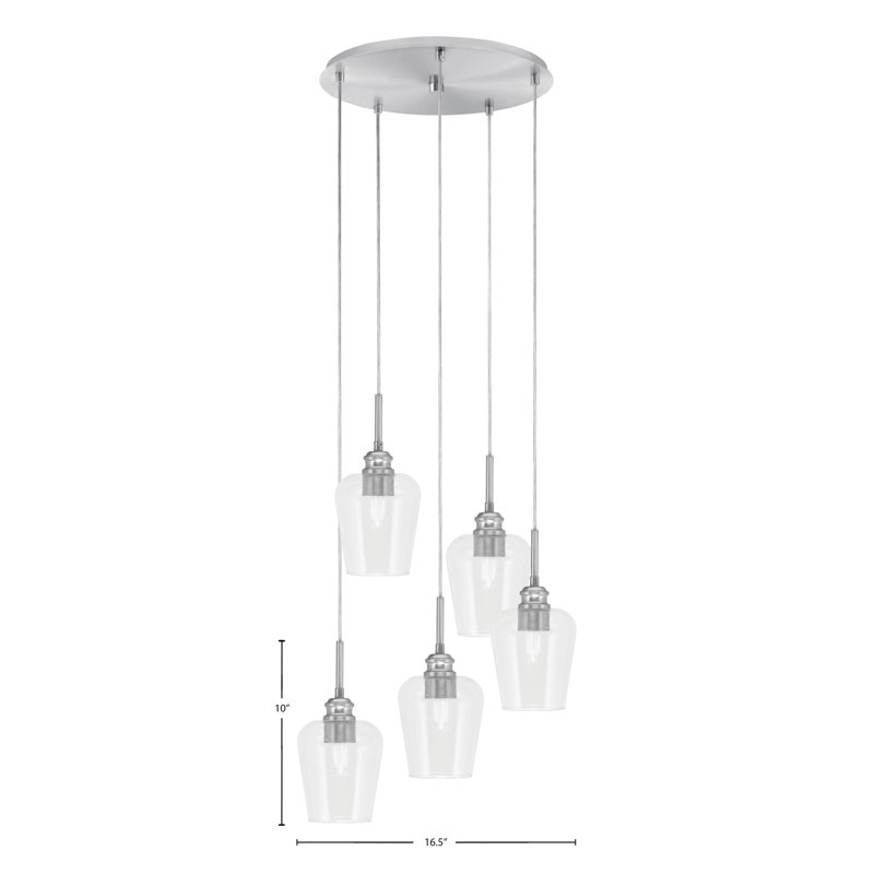 Luminaire suspendu grappe 5 lumières Edge avec verre à bulles transparent 5 po Edge, Nickel brossé