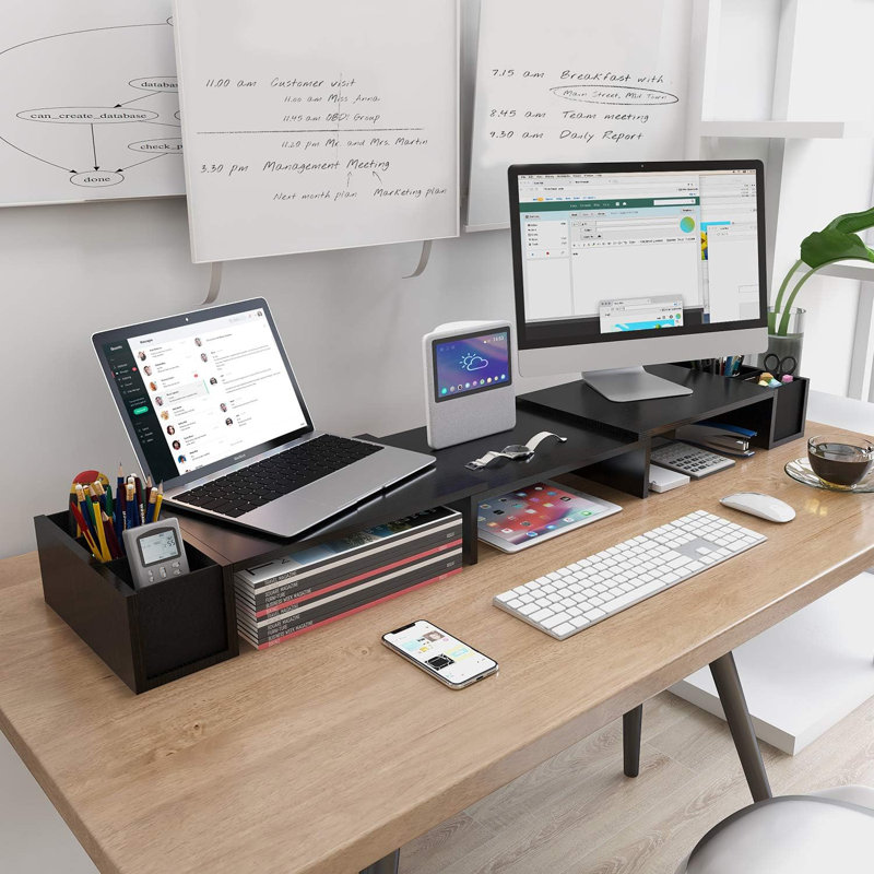 Dual Monitor Stand, Laptop Stand With Storage Accessories Slots, Length And Angle Adjustable, Ergonomic Viewing Height
