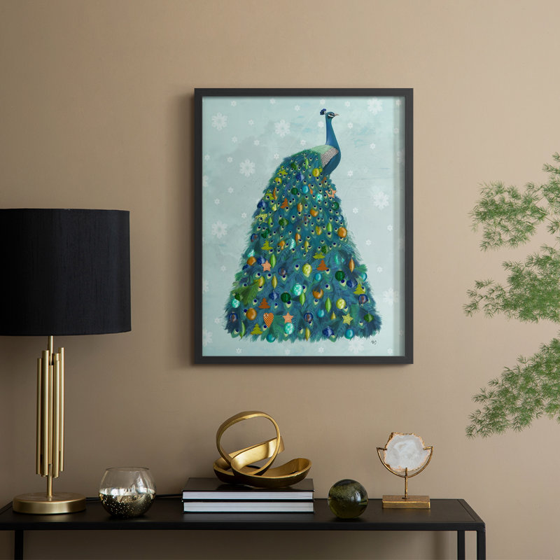 «Christmas Peacock Christmas Tree», reproduction encadrée - bois massif, Noir, noir, noir, noir, H 15 po x l 12 po