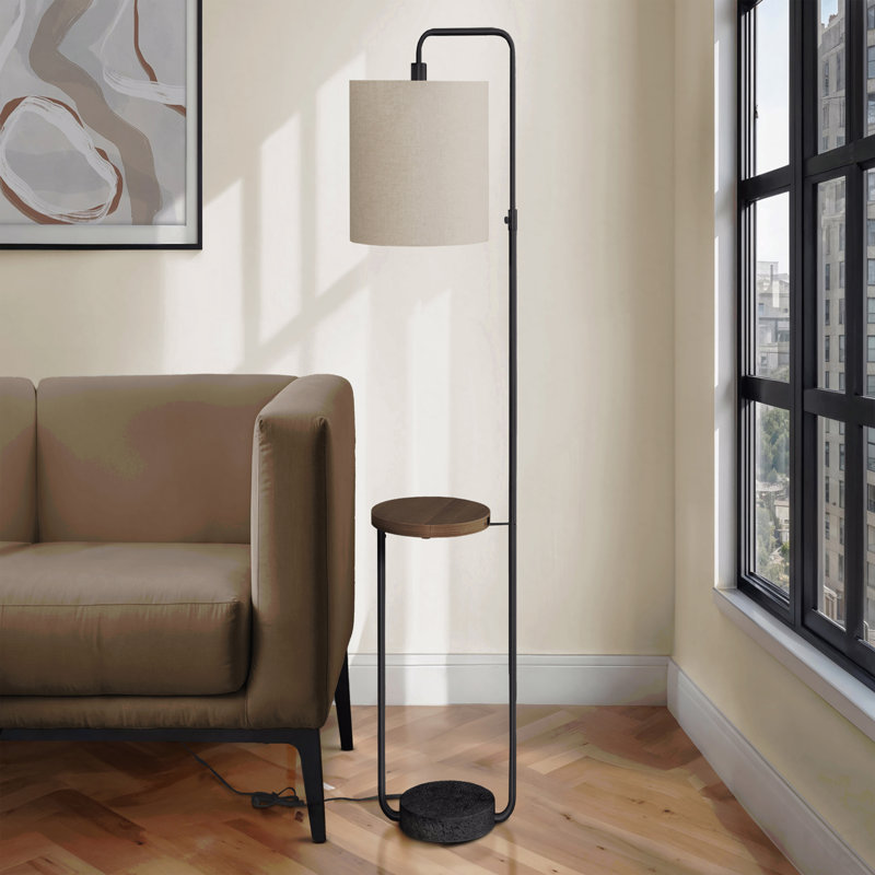 Lighting, H 67 po, lampe sur pied, port USB inclus, métal noir, abat-jour ivoire / crème, contemporain