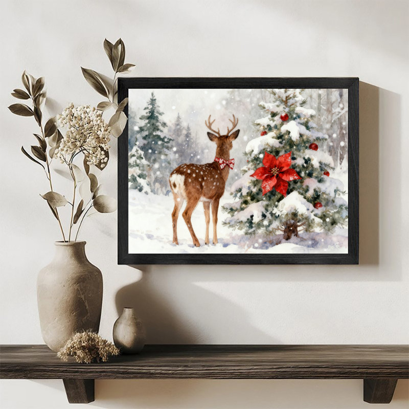 Cerf de Noël noir encadré noir avec houx et arc, impression sur toile de style rétro, H 25 po x l 37 po