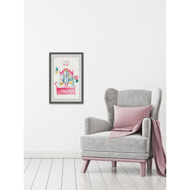 Pink Bed Reading by Marmont Hill - Single Picture Frame Painting, 45cm H x 38cm W , Brown Framed