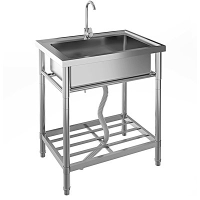 Évier utilitaire autoportant en acier inoxydable, évier utilitaire en acier inoxydable à simple cuve avec tuyau d'eau froide / chaude, support de rangement, robinet et pieds réglables, pour la salle de lavage, la cuisine, le garage et l'extérieur