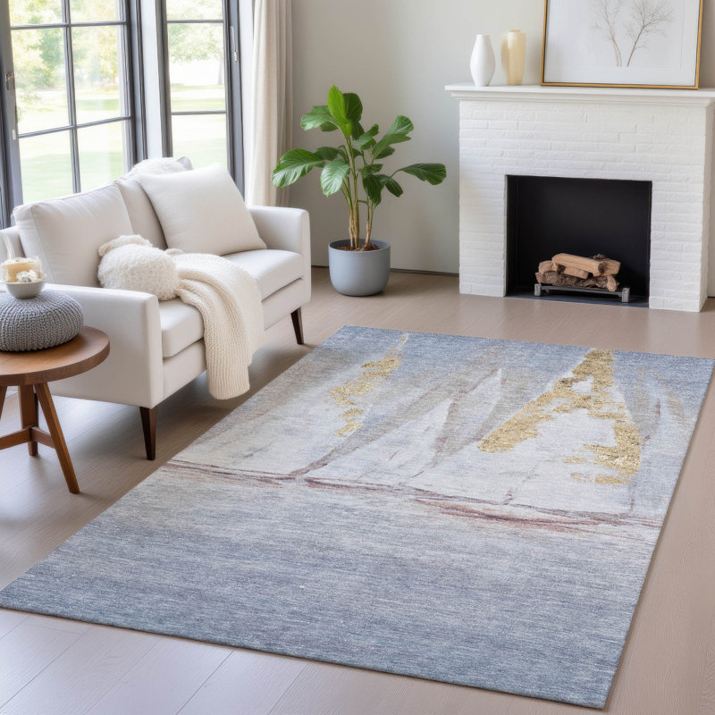 Tapis bleu intérieur / extérieur lavable à la machine Xhevrie, Rectangle 10 pi x 14 pi