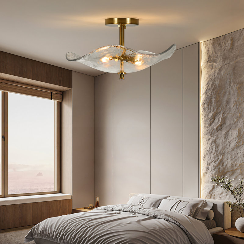 16.5" Gold Ceiling Light Fixtures Flush Mount Indoor Outdoor Ceiling Light With Water Ripple Glass Shade, Gold