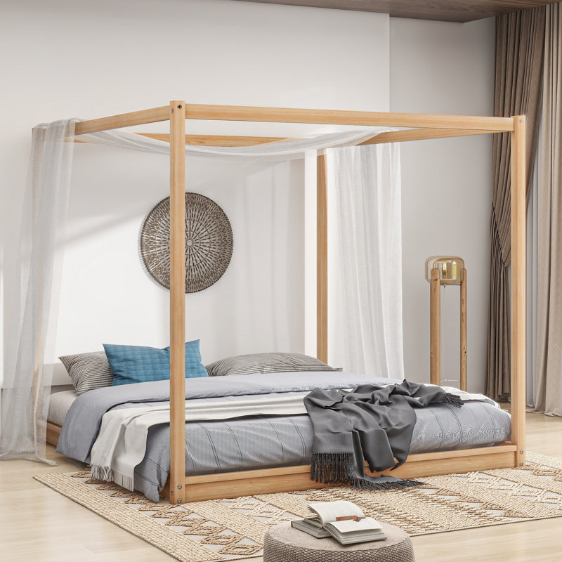 Très grand lit plateforme à baldaquin - Structure de lit en bois naturel avec pieds de soutien, lit à baldaquin de chambre à coucher moderne