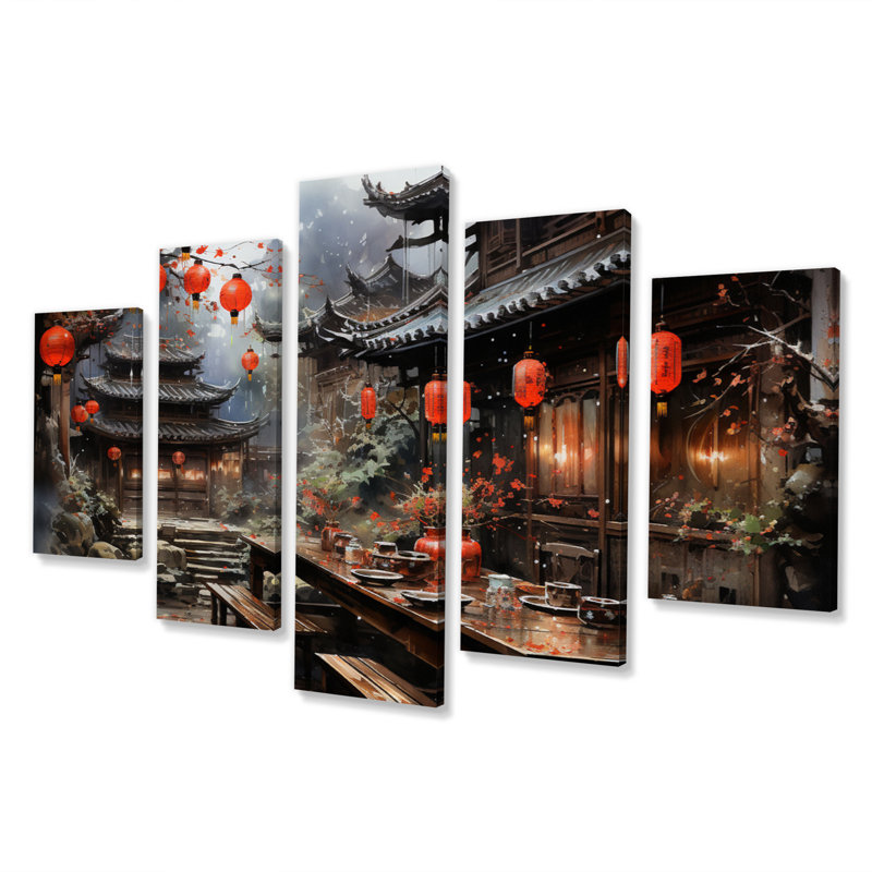 «China Art Red Lantern I», reproduction d'art mural chinois, 5 panneaux