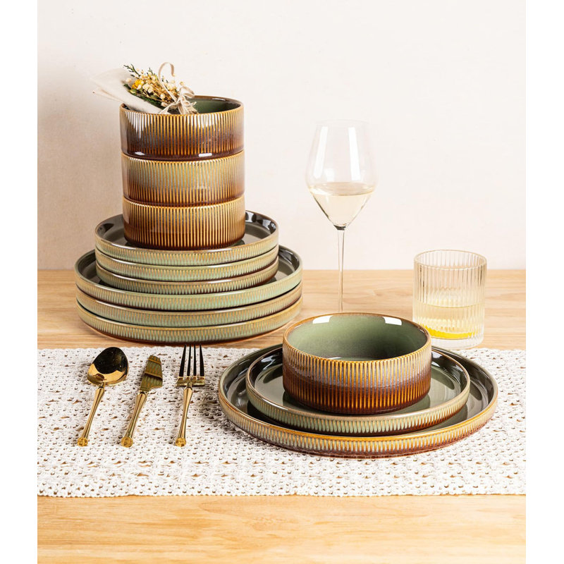  Ensemble de 12 assiettes et bols en porcelaine 12 pièces, vaisselle en céramique pour 4 personnes, ensemble de vaisselle résistant aux égratignures, va au micro-ondes et au lave-vaisselle, terre d'ombre